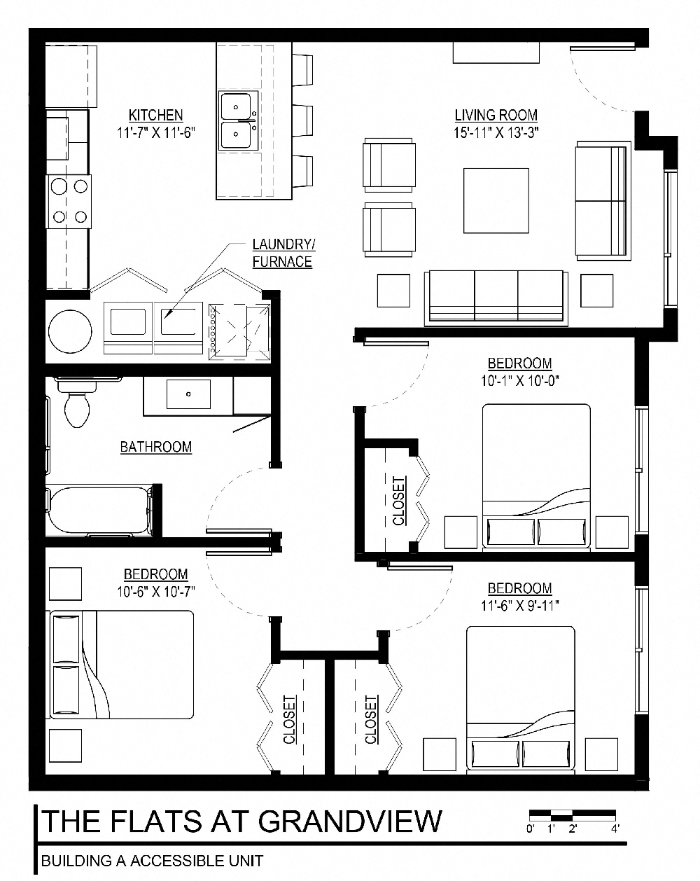 Floor plan for 3 beds, 1 bath, 1510 sqft